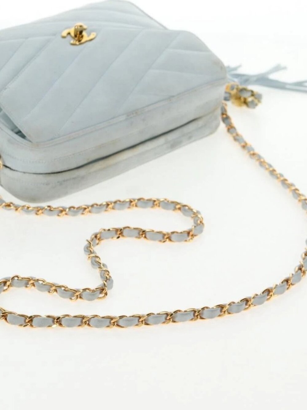 CHANEL Bias Stitch Chain Shoulder Bag Suede Light Blue Gold CC Auth 139935V - Picture 9 of 15